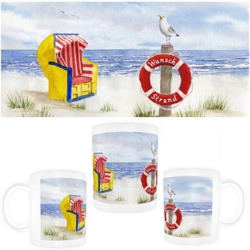 Tasse Becher Kaffeebecher  Aquarell Maritim Kunst Druck Kunstdruck Nordsee Cuxhaven Duhnen Strandkorb Strand Meer
